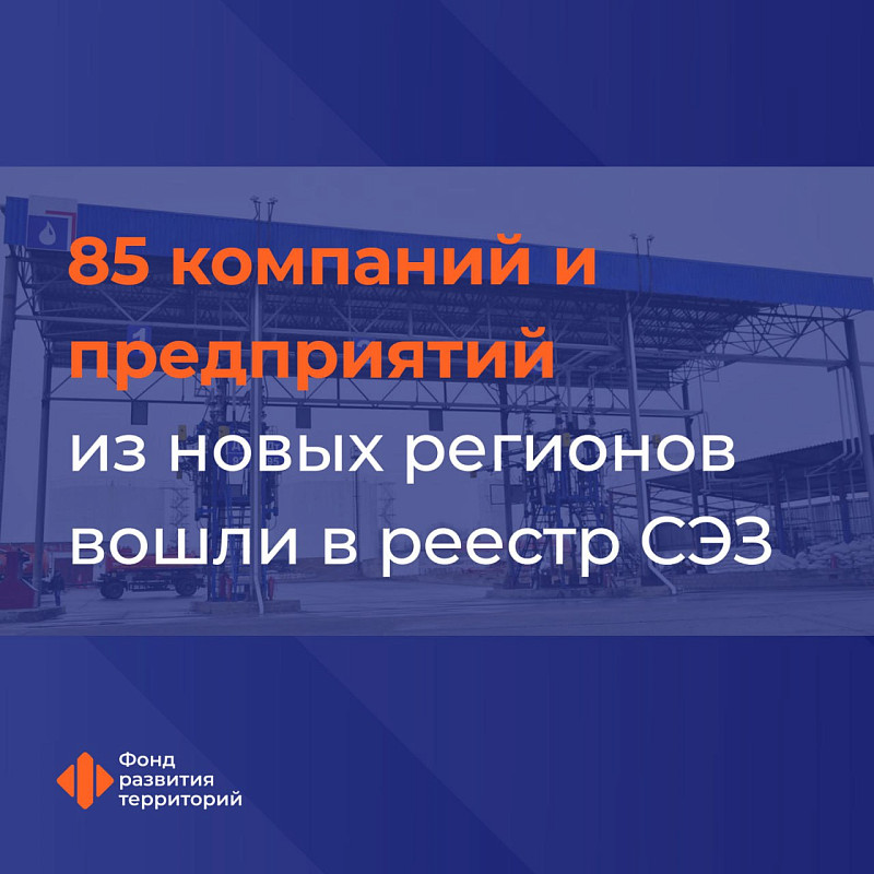 В реестр СЭЗ вошли 85 компаний и предприятий из новых регионов с общим объемом инвестиций порядка 42 млрд рублей